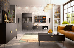 Wohnzimmer-Set MERONA – 4-teilig mit beleuchteter Vitrine, TV-Lowboard, Couchtisch und Sideboard – Schwarz Graphit