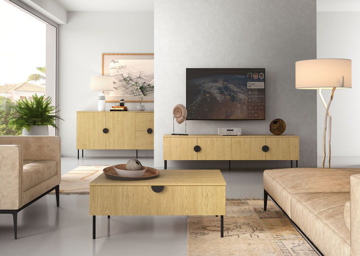 Wohnzimmer-Set MERONA – 3-teilig mit TV-Lowboard, Couchtisch und Sideboard – Baltic Eiche