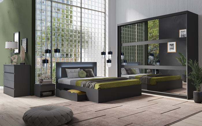 Schlafzimmer-Set FAVERO – 5-teilig mit Schiebetürenschrank, Bett in 3 Liegeflächen (140×200, 160×200 oder 180×200 cm), Kommode und 2 Nachttischen – Grau Graphit