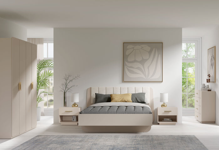 Schlafzimmer-Set LEVARO – 4-teilig mit Kleiderschrank, Bett in 2 Liegeflächen (160×200 oder 180×200 cm), wahlweise mit oder ohne Bettkasten und 2 Nachttischen – Wüstensand