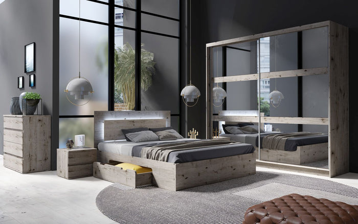 Schlafzimmer-Set TORVAN – 5-teilig mit Schiebetürenschrank, Bett in 2 Liegeflächen (160×200 oder 180×200 cm), Lattenrost, Kommode und 2 Nachttischen – Wellington Eiche / Portland Eiche