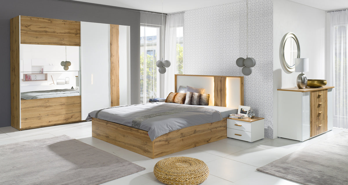 Schlafzimmer-Set WELORA – 6-teilig mit Bett 160×200 oder 180×200 cm, wahlweise mit oder ohne Bettkasten, Lattenrost – Wotan Eiche / Alpinweiß
