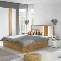 Schlafzimmer-Set WELORA – 6-teilig mit Bett 160×200 oder 180×200 cm, wahlweise mit oder ohne Bettkasten, Lattenrost – Wotan Eiche / Alpinweiß