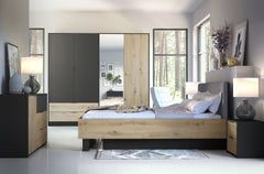 Schlafzimmer-Set URSENA – 6-teilig mit Kleiderschrank, Bett 160×200, wahlweise mit oder ohne Bettkasten, Lattenrost – Schwarz Graphit / Artisan Eiche