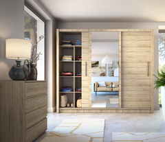 Schiebetürenschrank BAKU 13 – großer Kleiderschrank mit Spiegel & Stauraum (247,8×215×61,6 cm)