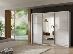 Schlafzimmer-Set SAVONA – 6-teilig mit Schiebetürenschrank, Bett 160×200 cm ohne Bettkasten, Lattenrost, Kommode und 2 Nachttischen – Alpinweiß / Weiß Hochglanz