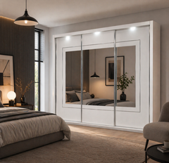 Schlafzimmer-Set PAVORA  – 6-teilig mit Schiebetürenschrank, Bett 160×200 cm, wahlweise mit oder ohne Bettkasten, Lattenrost, Kommode und 2 Nachttischen – Alpinweiß / Weiß Hochglanz