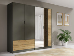Schlafzimmer-Set RAVENO – 5-teilig mit Kleiderschrank, Bett in 2 Liegeflächen (160×200 oder 180×200 cm), Lattenrost, Kommode und 2 Nachttischen – Grau Graphit / Artisan Eiche