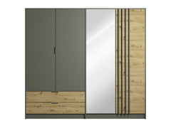 Schlafzimmer-Set RAVENO – 5-teilig mit Kleiderschrank, Bett in 2 Liegeflächen (160×200 oder 180×200 cm), Lattenrost, Kommode und 2 Nachttischen – Grau Graphit / Artisan Eiche