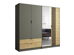 Schlafzimmer-Set RAVENO – 5-teilig mit Kleiderschrank, Bett in 2 Liegeflächen (160×200 oder 180×200 cm), Lattenrost, Kommode und 2 Nachttischen – Grau Graphit / Artisan Eiche