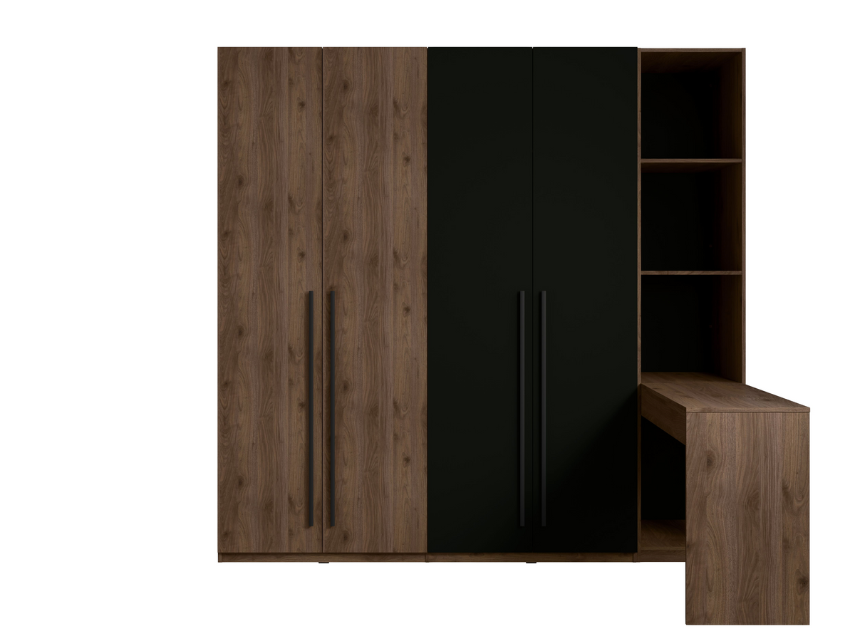 Kleiderschrank WENOVA 20 mit Regal, Toilettentisch und Spiegel – wahlweise mit oder ohne Beleuchtung – Walnuss Elegant / Schwarz Onyx