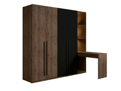 Kleiderschrank WENOVA 20 mit Regal, Toilettentisch und Spiegel – wahlweise mit oder ohne Beleuchtung – Walnuss Elegant / Schwarz Onyx