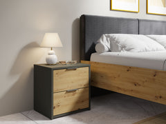 Schlafzimmer-Set RAVENO – 5-teilig mit Kleiderschrank, Bett in 2 Liegeflächen (160×200 oder 180×200 cm), Lattenrost, Kommode und 2 Nachttischen – Grau Graphit / Artisan Eiche
