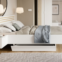 Schlafzimmer-Set FLOVIA – 6-teilig mit Schiebetürenschrank, Bett in 2 Liegeflächen (160×200 oder 180×200 cm), 2 Nachttischen, Schubkasten-Set und Kommode – Alpinweiß
