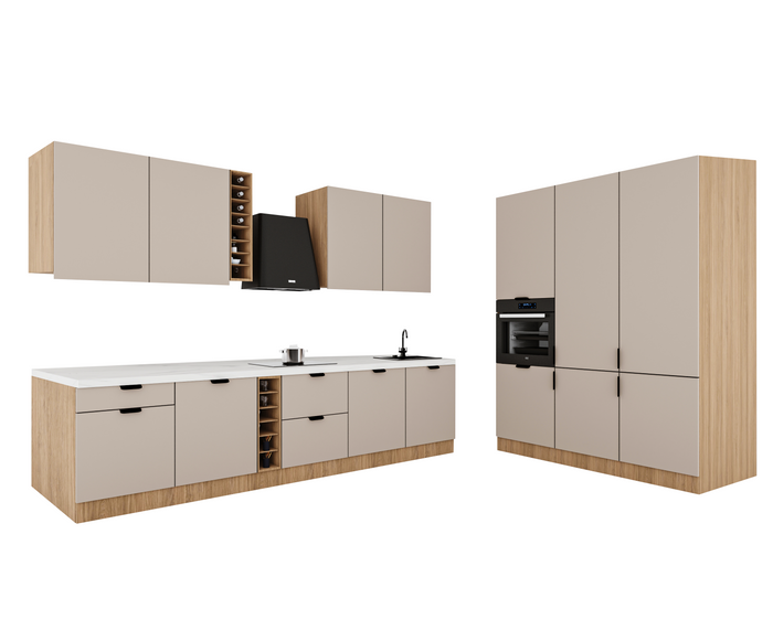 Küchenzeile 315x180 cm Einbauküche Ohne Arbeitsplatte Küchenschränke Küchenblock , Sorento KS14-M315 , Beige/Sonoma Eiche