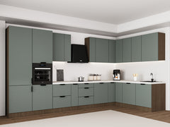Winkelküche 405 x 205 cm Viel Stauraum Küchenzeile Küchenblock Ohne E-Geräten Einbauküche, Sorento KS5-M405 Grün/Dunkle Eiche