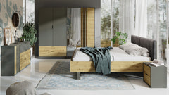 Schlafzimmer-Set RAVENO – 5-teilig mit Kleiderschrank, Bett in 2 Liegeflächen (160×200 oder 180×200 cm), Lattenrost, Kommode und 2 Nachttischen – Grau Graphit / Artisan Eiche