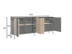 Wohn- und Esszimmer-Set RAVENO – 6-teilig mit Vitrine, 2 Sideboards, TV-Lowboard, Esstisch und Couchtisch – Vitrine wahlweise mit oder ohne Beleuchtung – Kaschmir Beige / Artisan Eiche