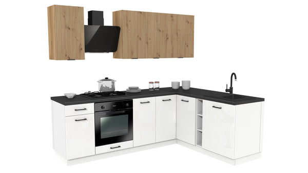 Winkelküche 240x180 cm mit Arbeitsplatte - SIMPLY Z15 - Eiche Rille / Weiß Hochglanz