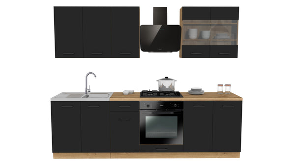 Küchenzeile 260 cm mit Arbeitsplatte - SIMPLY Z3 - Schwarz Matt / Eiche
