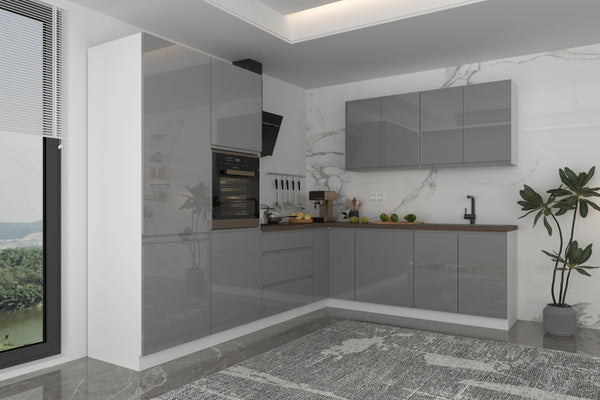 Winkelküche - Aspen  KA3-M290 - Grau / Hochglanz