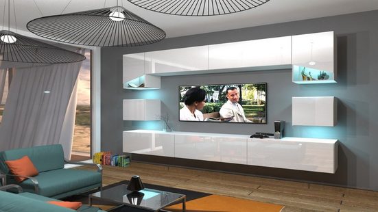 Wohnwand RTV Weiß Hochglanz Ikar S2 – Modernes Design und stimmungsvolle Beleuchtung: - Milaros Markt