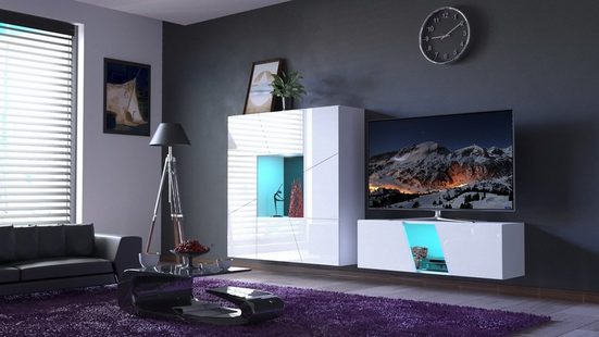 Wohnwand Weiß Hochglanz LED-Möbel S43 - Modernes Design mit stimmungsvoller Beleuchtung. - Milaros Markt