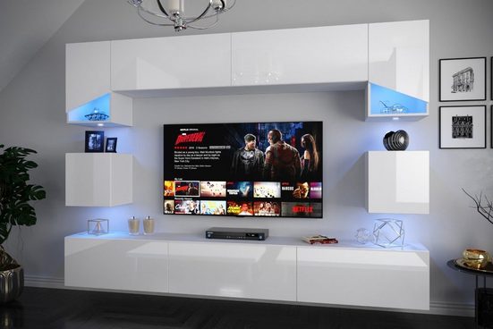 Wohnwand RTV Weiß Hochglanz Ikar S2 – Modernes Design und stimmungsvolle Beleuchtung: - Milaros Markt