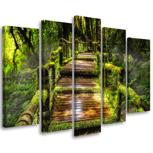 Feeby 5-teilig Leinwandbild Waldbrücke Natur Grün.