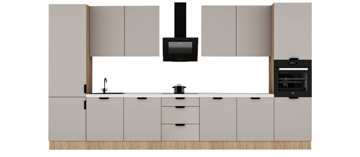 Küchenzeile 420 cm Küchenblock Einbauküche Ohne Arbeitsplatte , Sorento KS7-M420 , Beige/Sonoma Eiche