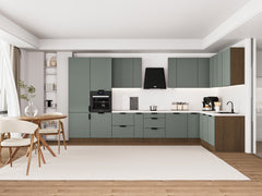 Winkelküche 405 x 205 cm Viel Stauraum Küchenzeile Küchenblock Ohne E-Geräten Einbauküche, Sorento KS5-M405 Grün/Dunkle Eiche