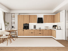 Winkelküche 405 x 205 cm Viel Stauraum Küchenzeile Küchenblock Ohne E-Geräten Einbauküche, Sorento KS5-M405 Sonoma Eiche/Weiß