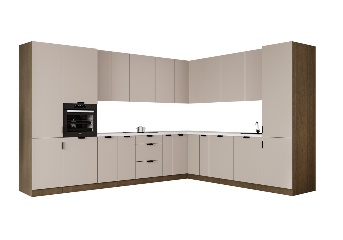 Winkelküche 345 x 285 cm Ohne Arbeitsplatte Eckküche Einbauküche , Sorento KS12-M345 , Beige/Dunkle Eiche
