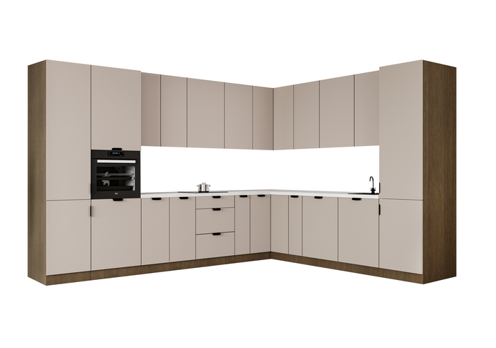 Winkelküche 345 x 285 cm Ohne Arbeitsplatte Eckküche Einbauküche , Sorento KS12-M345 , Beige/Dunkle Eiche